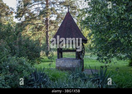 Rustikaler Steinbrunnen mit braunem Holzdach, mit Muster, im Wald des botanischen Gartens in Iasi, Rumänien Stockfoto