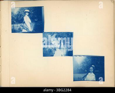 Diese Seite aus Volinda Lucy Hendersons Fotoalbum von 1899 enthält Familienporträts und Bilder des Great Southern Hotel und des Normandie Hotels in Columbus. Das Album ist eine visuelle Dokumentation der Geschichte ihrer Familie, zusammen mit bemerkenswerten historischen Sehenswürdigkeiten. Stockfoto