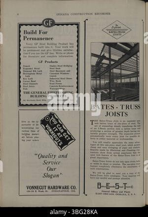 Der Indiana Construction Recorder, datiert vom 21. Mai 1927, ist die offizielle Publikation der Indiana Society of Architects. Es konzentriert sich auf Baumaterialien, Bauverbände und Werbung für vergebene Bauaufträge und laufende Projekte in ganz Indiana. Stockfoto