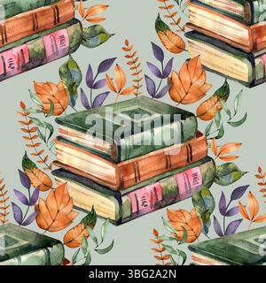 Aquarell Herbst Cottagecore Alte Bücher Nahtloses Muster, Vintage-Leseroutine Textur Stockfoto