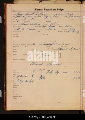 Dieses Bestattungsbuch von 1916 bis 1920 der Charles C. Siferd Undertaking Company beschreibt die Informationen des Verstorbenen, einschließlich seiner Familie, der Beerdigungskosten und der Wahl des Sarges, und gibt einen Einblick in die Beerdigungsmethoden des frühen 20. Jahrhunderts in Wapakoneta, Ohio. Stockfoto