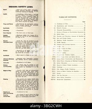 Auf dieser Seite werden die Kraftfahrzeug- und Straßenverkehrsgesetze von 1937 für Indiana fortgeführt und weitere Informationen zur Fahrzeugregistrierung, Lizenzgebühren, Verkehrszeichen und anderen Vorschriften zur Straßenverkehrssicherheit und zum Betrieb des Fahrzeugs bereitgestellt. Stockfoto