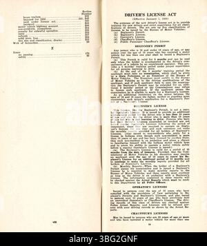 Seite 6 der Kraftfahrzeuggesetze von 1937 für Indiana enthält zusätzliche Abschnitte zu Straßenschildern, Fahrzeugregistrierung, Lizenzgebühren und allgemeinen Fakten über den Betrieb von Fahrzeugen auf Indianas Straßen. Stockfoto