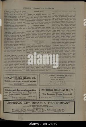 Die 1927 veröffentlichte Ausgabe des Indiana Construction Recorders enthält Auflistungen von Bauverbänden, Baustofflieferanten, Anzeigen und Projektdetails. Stockfoto