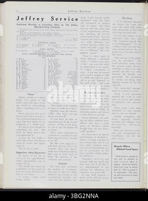 Der Jeffrey Service Newsletter, veröffentlicht von 1914 bis 1915, stellt die Bergbauausrüstung, Mitarbeiteraktivitäten und Gemeindeveranstaltungen der Jeffrey Company vor. Es zeigt Fotos von Arbeitern und ihren Familien und enthält aktuelle Informationen zu Einberufungen aus dem Ersten Weltkrieg und Kriegsbeiträgen. Stockfoto