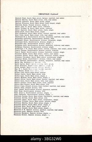 Das 1911 Rushville City and Telephone Directory enthält Auflistungen lokaler Unternehmen, Kirchenverzeichnisse, Anzeigen und eine kurze Geschichte der öffentlichen Schulen und ausgewählten Kirchen in Rushville. Stockfoto