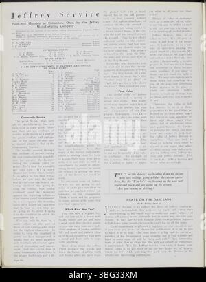 Band 6 des Jeffrey Service (September 1919-August 1920) enthielt einen detaillierten Überblick über die Beteiligung des Unternehmens an den Kriegsanstrengungen, einschließlich der Art und Weise, wie Mitarbeiter aufgenommen und unterstützt wurden. Neben Kriegsberichten berichtete das Magazin auch über Freizeitveranstaltungen wie Picknicks und Sportaktivitäten. Die Zeitschrift war ein wichtiges Instrument zur Dokumentation der historischen Rolle der Jeffrey Company und ihrer Belegschaft im Ersten Weltkrieg Stockfoto