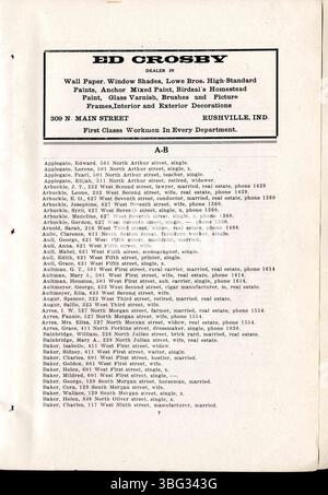 Auf dieser Seite aus dem 1911er Stadtverzeichnis von Rushville finden Sie Geschäftslisten, Anzeigen und historische Informationen über die öffentliche Schule und Kirchen in Rushville. Stockfoto