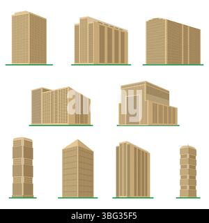 Neun moderne Hochhäuser auf weißem Hintergrund. Blick auf das Gebäude von unten. Abbildung des isometrischen Vektors. Stock Vektor