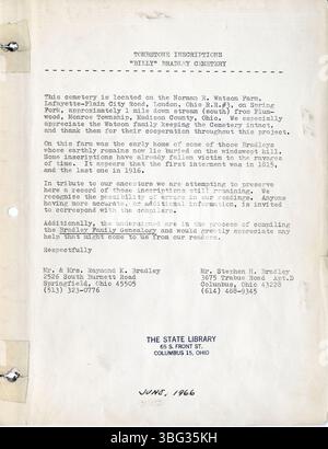 Die Grabsteininschriften des „Billy“ Bradley Cemetery in Monroe Township, Madison County, Ohio, liefern eine historische Aufzeichnung der dort begrabenen Personen. Der Friedhof befindet sich auf der Norman E. Watson Farm, südlich von Plumwood, Ohio, und enthält Inschriften aus dem 19. Jahrhundert. Stockfoto