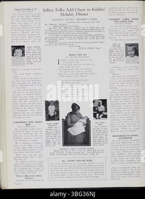 Der Jeffrey Service war ein Newsletter des Unternehmens, der 1914 veröffentlicht wurde. Dieser Band (1919-1920) enthält Inhalte über die Jeffrey Company, Bergbauausrüstung und Mitarbeiteraktivitäten. Das Magazin zeigt organisierte Sportveranstaltungen und gesellschaftliche Veranstaltungen und enthält Fotos von Arbeitern und Ausrüstung. Die Zeitschrift deckt auch Kriegsnachrichten und Mitarbeitereinsätze während des Ersten Weltkriegs ab und dient als wertvolle historische Ressource für die Erforschung der Unternehmens- und Ortsgeschichte in Columbus. Stockfoto