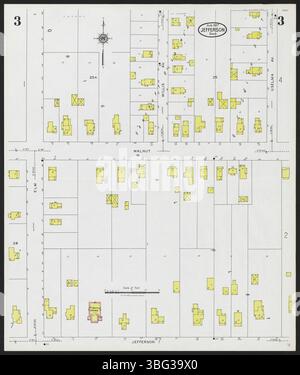 Diese Seite von der Sanborn-Karte von Jefferson im Ashtabula County aus dem Jahr 1927 zeigt Gebäudeumrisse, Straßen und Grundstücksgrenzen. Es enthält Details zu Baumaterialien, Verwendungsmöglichkeiten und Bodenzählungen mit markierten Unternehmen und Regierungsgebäuden. Stockfoto