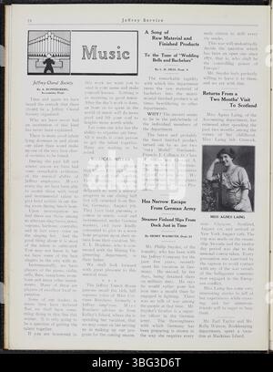 Diese Ausgabe des Jeffrey Service-Newsletters von 1914-1915 enthält Unternehmensaktualisierungen, Ankündigungen zu sozialen Veranstaltungen und Informationen über Mitarbeiter, die am Ersten Weltkrieg beteiligt waren. Der Newsletter enthielt auch Fotos der Betriebsabläufe der Jeffrey Company, der Anlagen und der Mitarbeiter und ihrer Familien in Columbus. Stockfoto