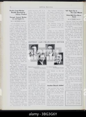 Der Jeffrey Service-Newsletter, der von 1914 bis 1915 veröffentlicht wurde, enthielt Artikel über die Bergbauausrüstung der Jeffrey Company, Mitarbeiternachrichten und vom Unternehmen gesponserte gesellschaftliche Veranstaltungen. Außerdem wurden Fotos von Arbeitern und ihren Familien sowie aktuelle Informationen über Mitarbeiter vorgestellt, die sich für den Ersten Weltkrieg angemeldet haben. Dieser Newsletter ist wertvoll, um die Geschichte der Jeffrey Company und die lokalen Ereignisse in Columbus zu verstehen. Stockfoto