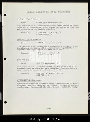 Der Beckman/SDS Hybrid Fortran II, der 1964 veröffentlicht wurde, kombinierte die Fortran-Sprache von IBM mit einem Beckman 2200 Analogcomputer und einem Scientific Data Systems 920 Digitalcomputer. Dieses System war für den Übergang von Vakuumröhren zu Halbleiterelektronik im Computerbereich von Bedeutung. Stockfoto