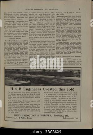 Der Indiana Construction Recorder, datiert vom 21. Mai 1927, ist die offizielle Publikation der Indiana Society of Architects. Es zeigt Bauverbände, Baumaterialien, Lieferungen und Werbung für vergebene Bauaufträge und laufende Projekte in ganz Indiana. Stockfoto