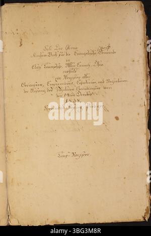 Offizielle Akte, einschließlich Taufe, aufgezeichnet von der St. Mark Lutheran Church in Clay Township, Auglaize County, Ohio, von 1835 bis 1885. Die Unterlagen sind auf Deutsch. Stockfoto