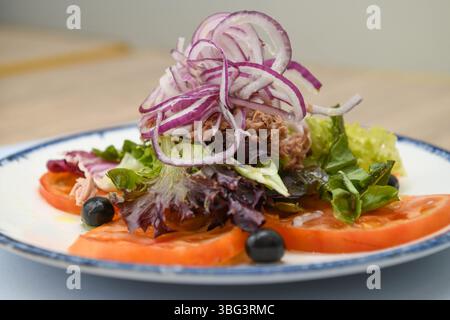 Salat mit Thunfisch, Tomaten, Zwiebeln und Kräutern auf einem Teller Stockfoto