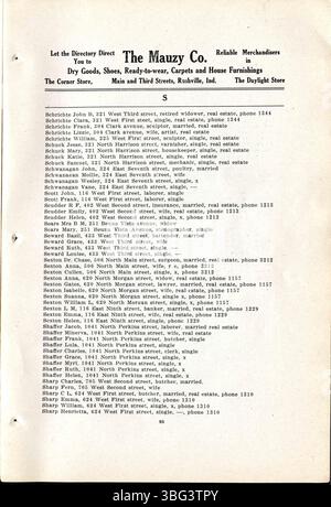 Das 1911 Rushville City- und Telefonverzeichnis bietet ein umfangreiches Verzeichnis der lokalen Unternehmen, Kirchen und Schulen. Darüber hinaus enthält es kurze Abschnitte über die Geschichte der öffentlichen Schule von Rushville und der wichtigsten Kirchen in der Gemeinde. Stockfoto
