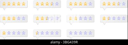 Klassische Sternebewertung mit Verlaufseffekt. Goldene und silberne Sterne. Benutzerrang mit grauer Verlaufsform. Feedback und Kundenrezension Hochglanzset. Kunde Stock Vektor