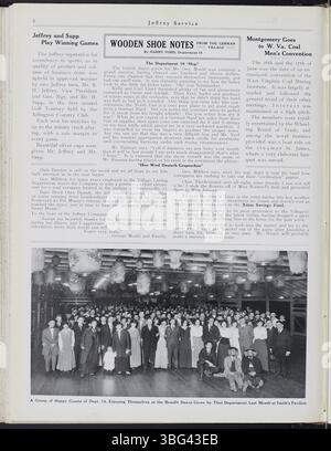 Der Jeffrey Service-Newsletter von 1914 bis 1915 konzentrierte sich auf die Aktivitäten der Jeffrey Company, die emotionale Mitarbeiterbindung und die Sozialfürsorge. Es enthielt Fotos von Arbeitern, ihren Familien und Gemeindeveranstaltungen mit Schwerpunkt auf dem Ersten Weltkrieg und der Einstellung von Mitarbeitern. Stockfoto