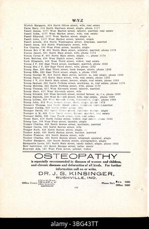Das 1911 Rushville City- und Telefonverzeichnis enthält Auflistungen für lokale Unternehmen und Kirchen, eine kurze Geschichte der Schulen und Anzeigen. Stockfoto
