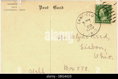 Ein Schwarzweißfoto aus dem Jahr 1910, das einen offenen Raum zwischen zwei Baumreihen im Central Park, Canfield, Ohio, darstellt. Dieses Bild zeigt die Landschaft des Parks und die natürliche Umgebung. Stockfoto