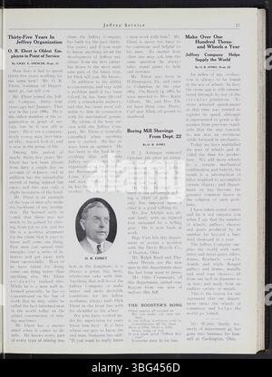 Der Jeffrey Service, der von 1914 bis 1915 veröffentlicht wurde, war ein Newsletter, der sich auf die Bergbauausrüstung der Jeffrey Company, die Mitarbeiteraktivitäten und lokale Veranstaltungen konzentrierte. Es berichtete auch über den Ersten Weltkrieg und berichtete über Mitarbeiter, die sich einsetzten. Der Newsletter war mit Fotos und Illustrationen des Werks, der Mitarbeiter und der Ausrüstung des Unternehmens gefüllt, was ihn für die historische Forschung wertvoll machte. Stockfoto