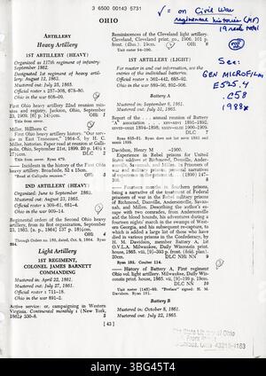 Eine Liste der Regimentsgeschichten des Bürgerkriegs, die in der State Library of Ohio auf Mikrofilm verfügbar sind, einschließlich Aufzeichnungen, die 2008 an die Columbus Metropolitan Library übertragen wurden, um Zugang zu primären historischen Quellen zu erhalten. Stockfoto