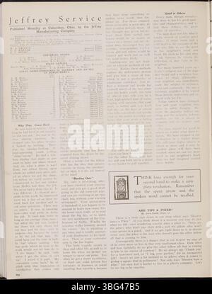 Der Jeffrey Service Volume 6 (1919-1920) enthält Informationen über die Bergbauausrüstung des Unternehmens, das tägliche Leben der Mitarbeiter und verschiedene soziale Aktivitäten. Mit dem Fokus auf den Ersten Weltkrieg hebt das Magazin die Beteiligung von Mitarbeitern hervor, die sich für den Krieg einsetzten, und bietet einen Einblick in die Auswirkungen des Krieges auf die lokalen Industrien und Familien in Columbus. Stockfoto