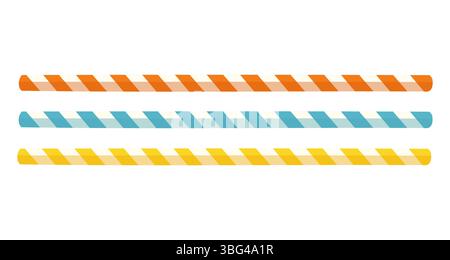 Set mit drei gestreiften Trinkhalmen in Orange, Blau und Gelb. Zeichentrickvektor-Illustration auf weißem Hintergrund Stock Vektor