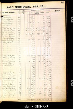 Diese Seite aus dem Franklin County Jail Records (1860-1892) enthält Daten von Gefangenen wie Name, Anklage, Krippe, Verpflichtung und Datum der Freilassung oder Versetzung. Diese Aufzeichnungen geben einen umfassenden Überblick über das Gefängnissystem im Franklin County während dieser Zeit. Stockfoto