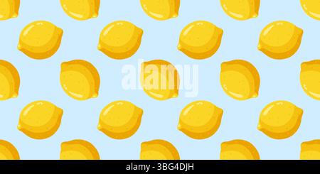 Nahtloses Sommermuster mit ganzen gelben frischen Zitronen auf hellblauem Hintergrund. Cartoon-Vektor-Stil. Stock Vektor