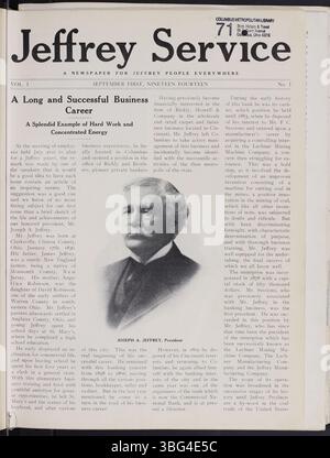 Der Jeffrey Service, ein Unternehmenszeitung von 1914, dokumentierte tägliche Nachrichten, Mitarbeiteraktivitäten und gesellschaftliche Veranstaltungen bei der Jeffrey Company. Es enthielt auch Artikel über Bergbauausrüstung, Arbeiter und die Auswirkungen des Ersten Weltkriegs, einschließlich der Einstellung von Mitarbeitern. Stockfoto