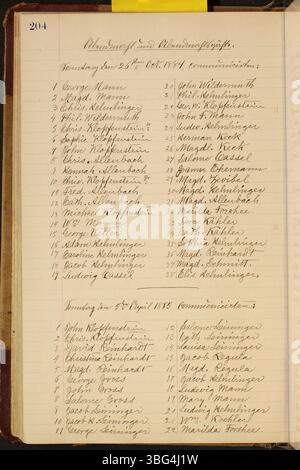 Die Seite enthält Aufzeichnungen über Taufen und andere offizielle Handlungen der St. Mark Lutheran Church in Clay Township, Auglaize County, Ohio, von 1883 bis 1919. Diese Aufzeichnungen sind in deutscher und englischer Sprache verfasst. Stockfoto