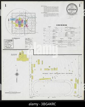 Die Sanborn-Karte von Jefferson im Ashtabula County aus dem Jahr 1927 zeigt Gebäude, Straßen und Grundstücksgrenzen. Sie zeigt die Nutzung von Gebäuden, Materialien, Anzahl der Geschosse und identifiziert Unternehmen und Regierungsgebäude, schließt jedoch einzelne Hauseigentümer aus. Stockfoto