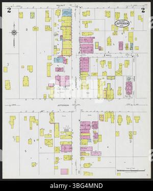 Diese Sanborn-Karte von Jefferson, Ashtabula County, aus dem Jahr 1927 zeigt Straßenkarten und Gebäudestandorte. Es liefert Daten zu Baumaterialien, Anzahl der Geschosse und Nutzung. Regierungsgebäude und Unternehmen sind markiert. Stockfoto