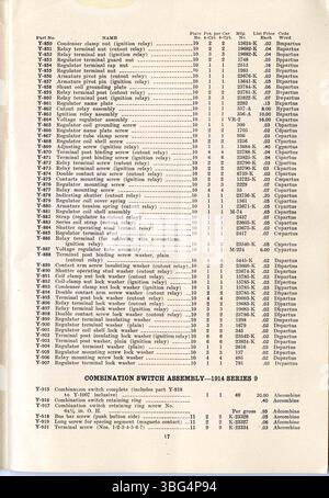 Die Preisliste 1913 enthält Teile für die 1914 Cole Serie 9, darunter 4-Zylinder-Fahrzeuge von 16001 bis 17012 und 6-Zylinder-Fahrzeuge von 14091 bis 15009, sowie die Preise für Mechanik- und Karosserieteile für diese Modelle. Stockfoto