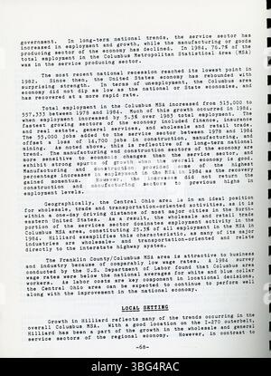 Dieser Masterplan 1987 beschreibt die Vision für die Entwicklung der Stadt Hilliard und der umliegenden Gebiete und enthält eine strategische Politik für Stadtplanung, Flächennutzung und Infrastruktur. Sie konzentriert sich auf die Grenzen zwischen der Hayden Run Road, der Tuttle Road, der Roberts Road und dem Scioto River und zielt darauf ab, das langfristige Wachstum durch fundierte Entscheidungen und Aktualisierungen der Zonen zu steuern. Stockfoto