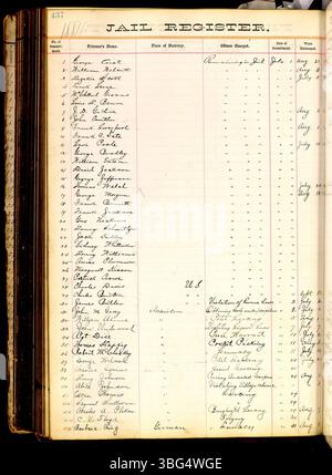 Die Gefängnisaufzeichnungen von Franklin County aus dem Jahr 1860-1892 enthalten den Namen, die Anklage, die Geburt und das Datum der Verpflichtung, der Freilassung oder der Versetzung für jeden Insassen. Stockfoto