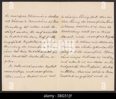 Eduard Buchners Brief an Wilhelm Ostwald vom 15. Juli 1892 informiert ihn über seine Entdeckung einer einzigartigen Eigenschaft der wasserfreien Zitronensäure und bittet darum, ihre Elektrolyt-Leitfähigkeit am Ostwalder Institut in Leipzig zu messen. Stockfoto