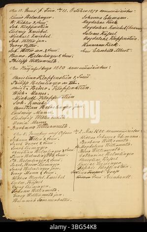 Das Register enthält offizielle Taufe- und Kirchenakte von 1835 bis 1885 für die St. Mark Lutheran Church in Clay Township, Auglaize County, Ohio. Die Aufzeichnungen werden in deutscher Sprache geführt. Stockfoto