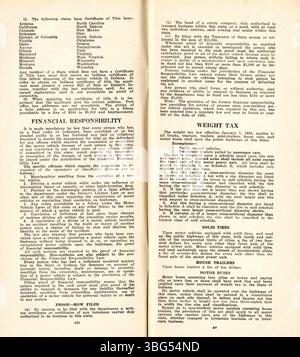 Diese Seite aus den Kraftfahrzeuggesetzen von Indiana 1937 enthält Informationen zu Gebühren, Fahrzeugzulassungen, Führerscheinen, Straßenschildern und allgemeinen Fakten im Zusammenhang mit dem Kraftfahrzeugbetrieb im Bundesstaat. Stockfoto