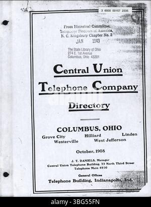 Auf Seite 1 des Telefonverzeichnisses der Columbus Central Union vom Oktober 1908 werden Abonnenten alphabetisch nach Nachnamen geordnet in Columbus und den umliegenden Städten wie Grove City und Hilliard aufgelistet. Stockfoto