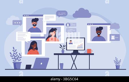 Remote-Team-Videokonferenz Online-Meeting und Remote-Arbeit virtuelle Zusammenarbeit Kommunikation Arbeit von zu Hause aus Videoanruf Business Team Online-Meeting Stock Vektor