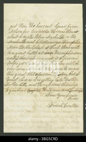 Diese Seite enthält einen Brief von Frank Coulter an Edwin Brown vom 16. März 1862, der historischen Kontext für die persönliche Kommunikation während des Bürgerkriegs bietet. Stockfoto
