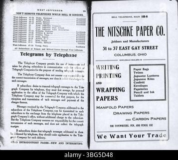 Seite 122 des Telefonverzeichnisses der Columbus Central Union 1908 enthält alphabetische Auflistungen von Haushalten und Unternehmen in Columbus, einschließlich Grove City, Hilliard, Linden, Westerville, und West Jefferson. Stockfoto