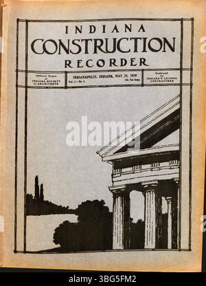 Der Indiana Construction Recorder, datiert vom 24. Mai 1919, ist die offizielle Publikation der Indiana Society of Architects. Es enthält Details zu lokalen Bauverbänden, Baumaterialien, Bauaufträgen und Werbung aus der Branche. Stockfoto
