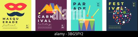 Festlicher Karneval und quadratisches Banner-Set mit Maskerade. Flaches Vektordesign mit Festspielsymbolen, Parade, Feuerwerk und bunten Masken. Perfekt für Sommerfeiern, Vergnügungsveranstaltungen oder kulturelle Feiern. Stock Vektor