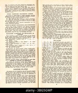 Auf Seite 7 der Indiana Kraftfahrzeuggesetze von 1937 finden Sie weitere Einzelheiten zum Zulassungsprozess für Kraftfahrzeuge, Lizenzgebühren und Vorschriften für den Betrieb von Fahrzeugen auf öffentlichen Straßen im Bundesstaat. Stockfoto